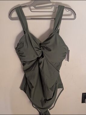 Classic Twist Front One-Piece Swimsuit - Olive Green